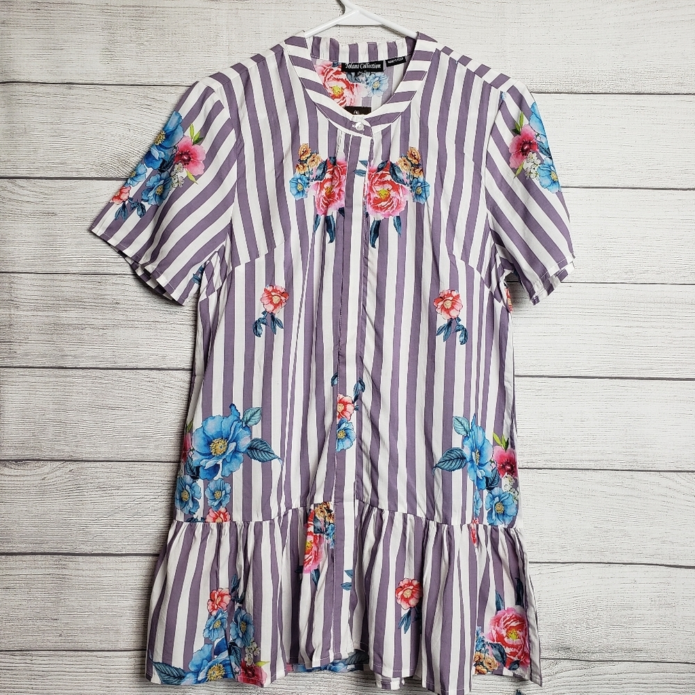 NWT Tolani Geri Lilac White Floral‎ Striped Tunic Button Down Top Womens XXS